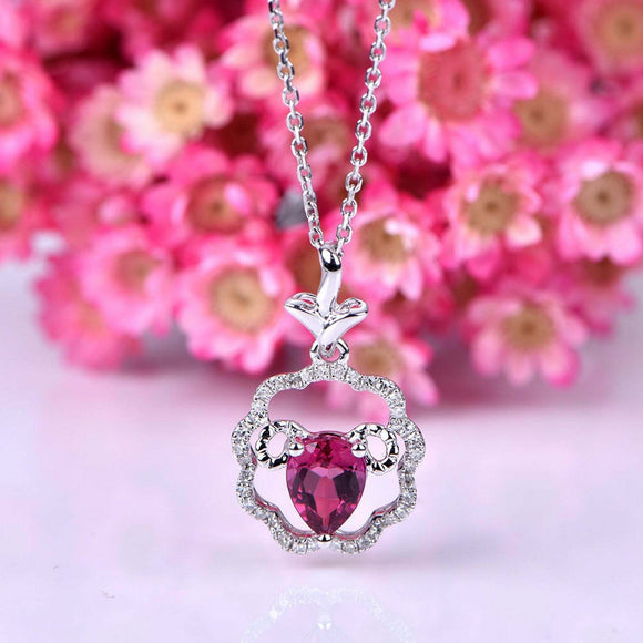 1.5ct Pear Cut Pink Ruby Pendant with Chain Unique Design 14k White Gold Finish