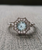 2Ct Round Blue Aquamarine Antique Milgrain Engagement Ring 14K White Gold Finish