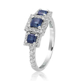 2ct Princess Cut Blue Sapphire Engagement Ring Trilogy Halo 14k WhiteGold Finish