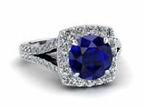 3ct Round Cut Blue Sapphire Split Shank Halo Bridal Set Ring 14k White Gold Over