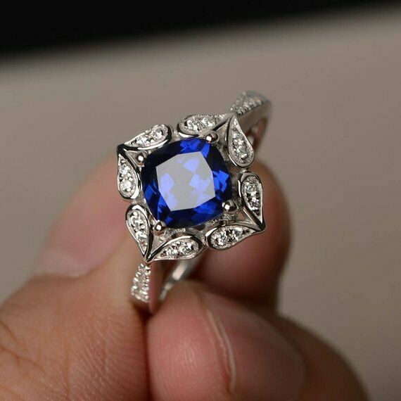 1.5ct Cushion Cut Blue Sapphire Engagement Ring 14k White Gold Over Floral Women