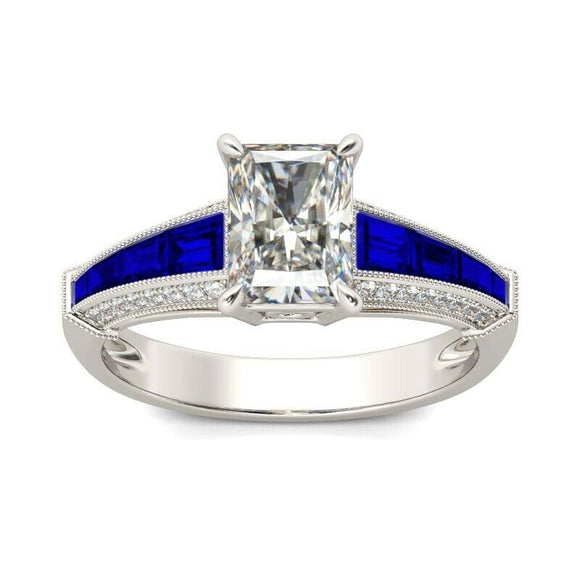 2Ct Radiant Cut Diamond Blue Sapphire Accent Solitaire Ring 14K White Gold Over