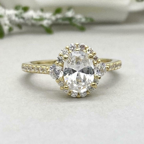 2.2ct Engagement Ring Oval Cut Diamond Accent Halo Trilogy 14k YellowGold Finish