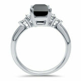 4Ct Emerald Cut Black Diamond Accent Unique Solitaire Ring 14K White Gold Finish