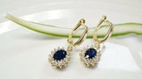 1ct Oval Blue Sapphire Halo Cluster Vintage Drop Earrings 14k Yellow Gold Finish