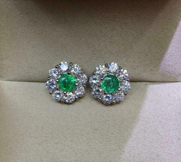 2ct Stud Earrings Round Cut Emerald Diamond Floral Design 14k White Gold Finish