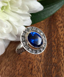 2.4ct Oval Cut Blue Sapphire Vintage Inspired Halo Ring 14k White Gold Finish