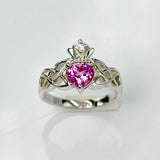 1ct Heart Cut Pink Sapphire Engagement Ring Double Knot Crown 14k WhiteGold Over