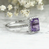 3Ct Emerald Cut Amethyst Diamond Accent Halo Engagement Ring 14K White Gold Over