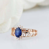 1.5ct Oval Cut Blue Sapphire Filigree Crown Open Shank Ring 14k Rose Gold Finish