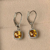 2.5ct Drop Earrings Cushion Cut Yellow Citrine Diamond Halo 14k WhiteGold Finish