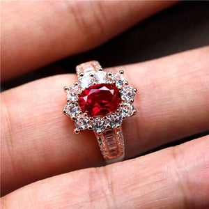 2ct Oval Cut Pink Ruby Floral Halo Baguette Accents Ring 14k Rose Gold Finish