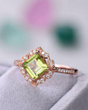 3Ct Asscher Cut Peridot Diamond Halo Accents Vintage Ring 14K Rose Gold Finish