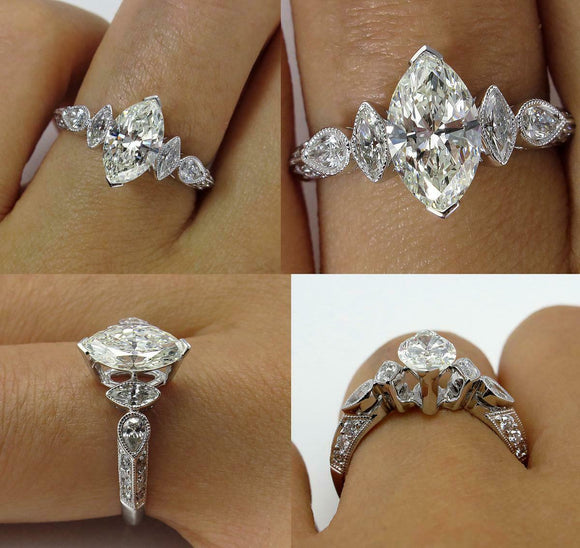 5Ct Marquise Cut Diamond Vintage Solitaire Engagement Ring 14K White Gold Finish