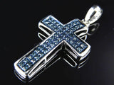 0.75ct Round Cut Blue Sapphire Pendant 2 Row Cross 14k WhiteGold Finish NO CHAIN