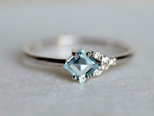 1ct Engagement Ring Asscher Cut Aquamarine Petite Minimalist 14k White Gold Over