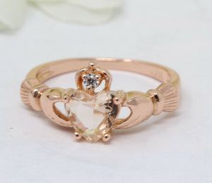 1.1Ct Heart Cut Peach Morganite Claddagh Engagement Ring 14K Rose Gold Finish