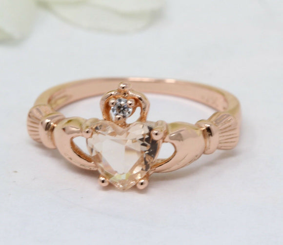 1.1Ct Heart Cut Peach Morganite Claddagh Engagement Ring 14K Rose Gold Finish