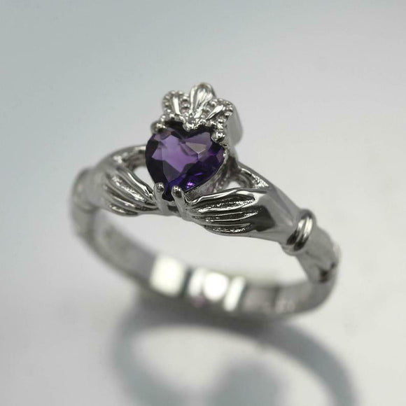 1ct Heart Cut Purple Amethyst Engagement Ring Claddagh Irish 18k White Gold Over