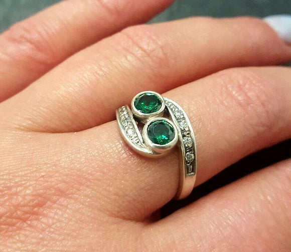 2ct Engagement Ring Round Cut Green Emerald Two Stone Swirl 14k WhiteGold Finish