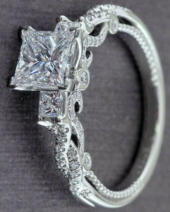 2.5ct Princess Cut Diamond Antique Vintage Engagement Ring 14k White Gold Finish