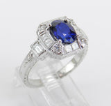 2.2ct Oval Blue Sapphire Art Deco Vintage Engagement Ring 14k White Gold Finish