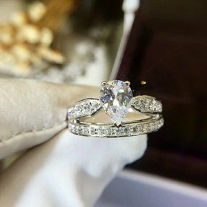 2.5ct Pear Cut VVS1 Diamond Bridal Set Engagement Ring 14k White Gold Finish