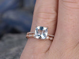 1.5Ct Cushion Cut Blue Aquamarine Bridal Set Engagement Ring 18K Rose Gold Over