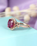 1.1ct Oval Cut Pink Ruby Halo Butterfly Engagement Ring 14k Rose Gold Finish