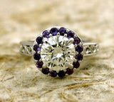 2Ct Round Cut Diamond Amethyst Halo Engagement Ring 14K White Gold Finish