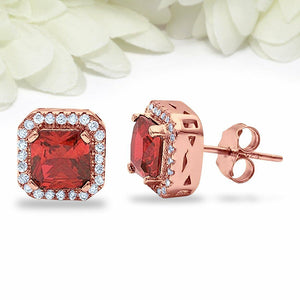 4Ct Cushion Cut Red Garnet Diamond Halo Gatsby Stud Earrings 14K Rose Gold Over