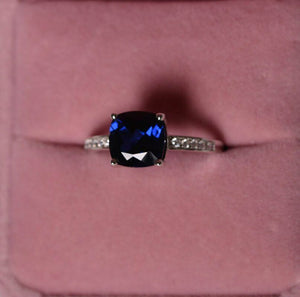 1.2ct Cushion Cut Blue Sapphire Engagement Ring 14k White Gold Finish Solitaire