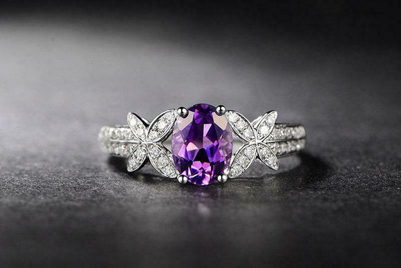 3Ct Oval Purple Amethyst Diamond Leaf Accent Engagement Ring 14K White Gold Over