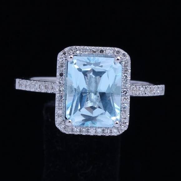 1.2ct Radiant Cut Blue Aquamarine Halo Engagement Ring 14k White Gold Finish