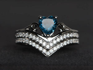 2.2ct Engagement Ring Heart Cut London Blue Topaz Bridal Set 14k White Gold Over