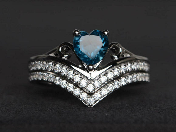 2.2ct Engagement Ring Heart Cut London Blue Topaz Bridal Set 14k White Gold Over