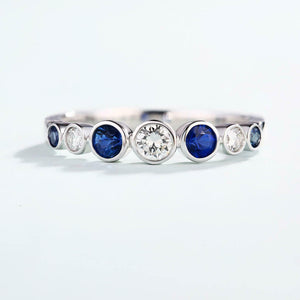 1ct Round Blue Sapphire Bezel Set Half Eternity Wedding Band 14k White Gold Over