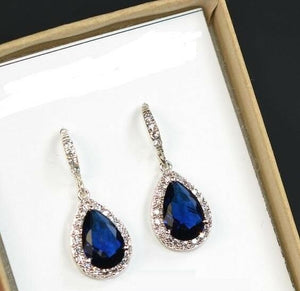 2.5ct Pear Cut Blue Sapphire Halo Tear Rain Dangle Earring 14k White Gold Finish