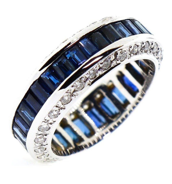 4ct Emerald Blue Sapphire Eternity Iced Wedding Band Ring 14k White Gold Finish