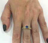 1ct Round Cut Blue Sapphire Floral Petal Solitaire Ring 14k Yellow Gold Finish