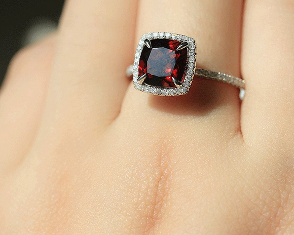 2ct Cushion Cut Red Garnet Engagement Ring 14k White Gold Finish Halo Solitaire