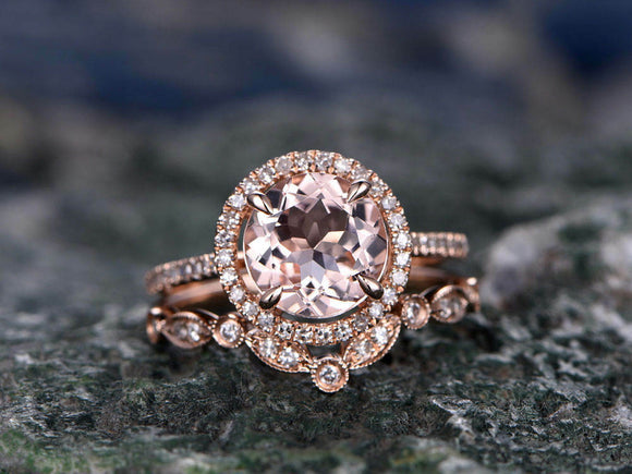 3Ct Round Cut Peach Morganite Halo Bridal Set Engagement Ring 14K Rose Gold Over