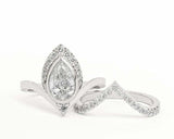 2.4ct Pear Diamond Crown Chevron Curved Engagement Ring Set 14k WhiteGold Finish