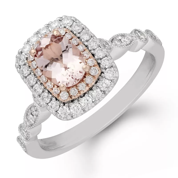 3Ct Oval Cut Peach Morganite Halo Vintage Engagement Ring 14K White Gold Finish