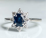 2.15ct Oval Cut Blue Sapphire Halo Floral Engagement Ring 14k White Gold Finish