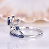 2ct Pear Cut Blue Sapphire Crown Princess Engagement Ring 14k White Gold Finish