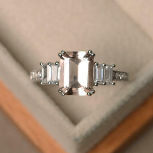 2.2ct Emerald Cut Peach Morganite Engagement Ring 5 Stone 14k White Gold Finish