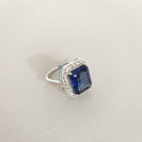 2.2ct Engagement Ring Emerald Cut Blue Sapphire Halo 14k White Gold Finish