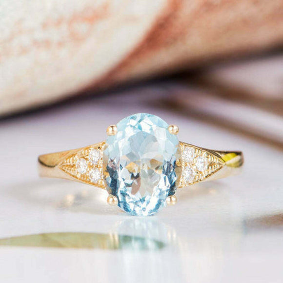 2.2ct Oval Cut Blue Aquamarine Solitaire Ring 14k Yellow Gold Over Round Accents