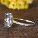 2ct Oval Cut Blue Aquamarine Diamond Accents Milgrain Ring 14k White Gold Finish